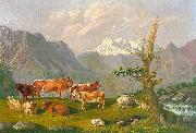 Johann Kaspar Scherrer Weidelandschaft in den Schweizer Bergen mit Katarakt und Gebirgshorizont oil painting